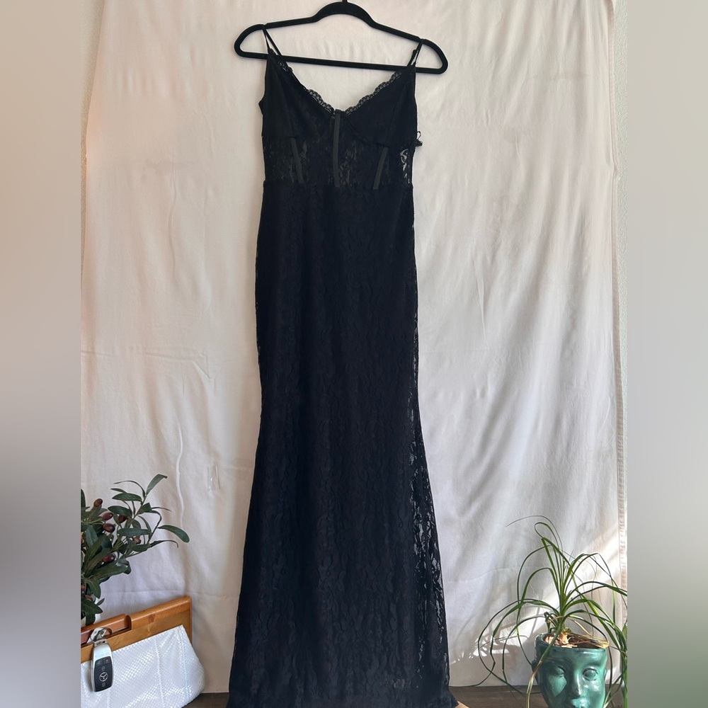 FORE Black Sheer Lace Dress Floral Overlay Strappy Lingerie Style Party Dress